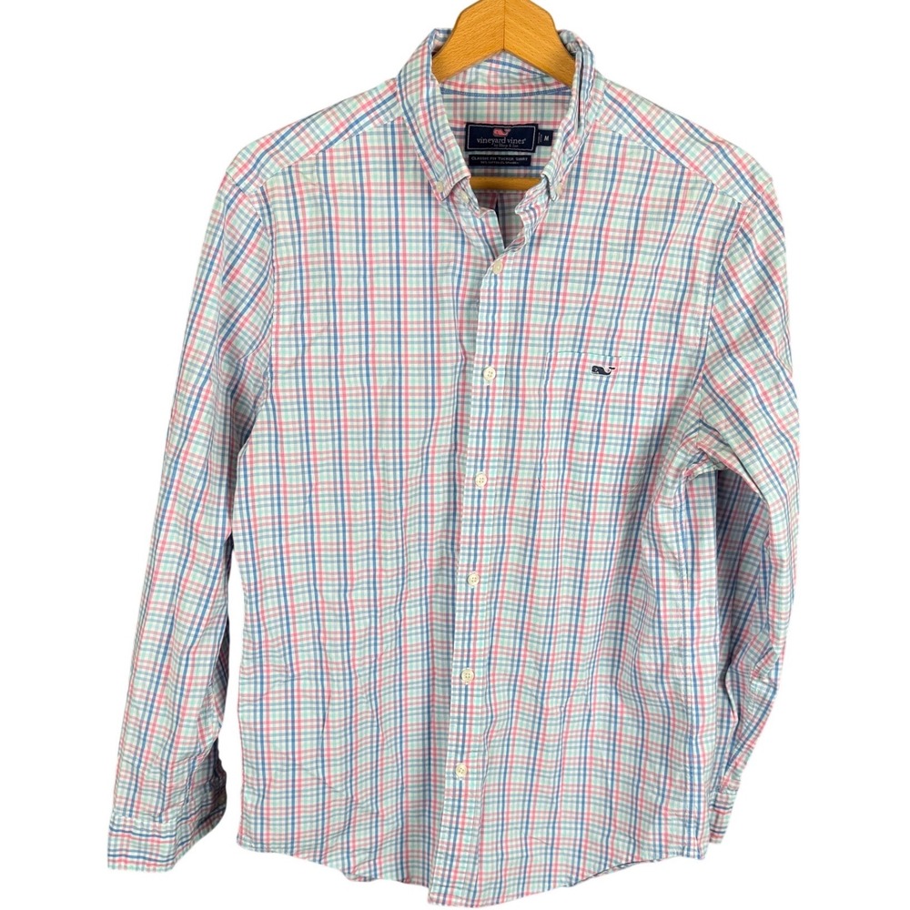 Vineyard Vines Mens Classic Fit Tucker Shirt Plaid Pink Blue White Medium